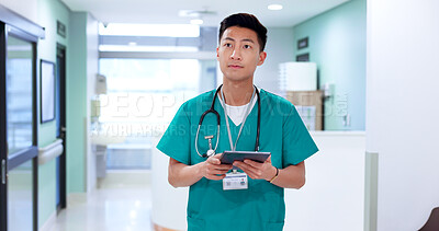 Buy stock photo Thinking, Asian man and surgeon on tablet for test results, medical update or appointment booking. Ideas, research or doctor with touchscreen for online report, schedule or health app at hospital