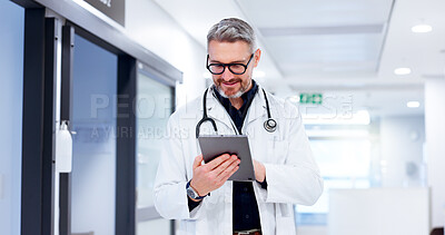 Buy stock photo Mature, man and doctor on tablet in hospital for test results, medical update or appointment booking. Lobby, research or surgeon with touchscreen for online report, schedule or health app at clinic