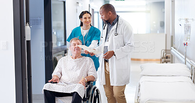 Buy stock photo Doctor, nurse and old man in wheelchair with documents for health insurance, recovery support and medical review. Clinic, healthcare and person with disability for rehabilitation and treatment advice