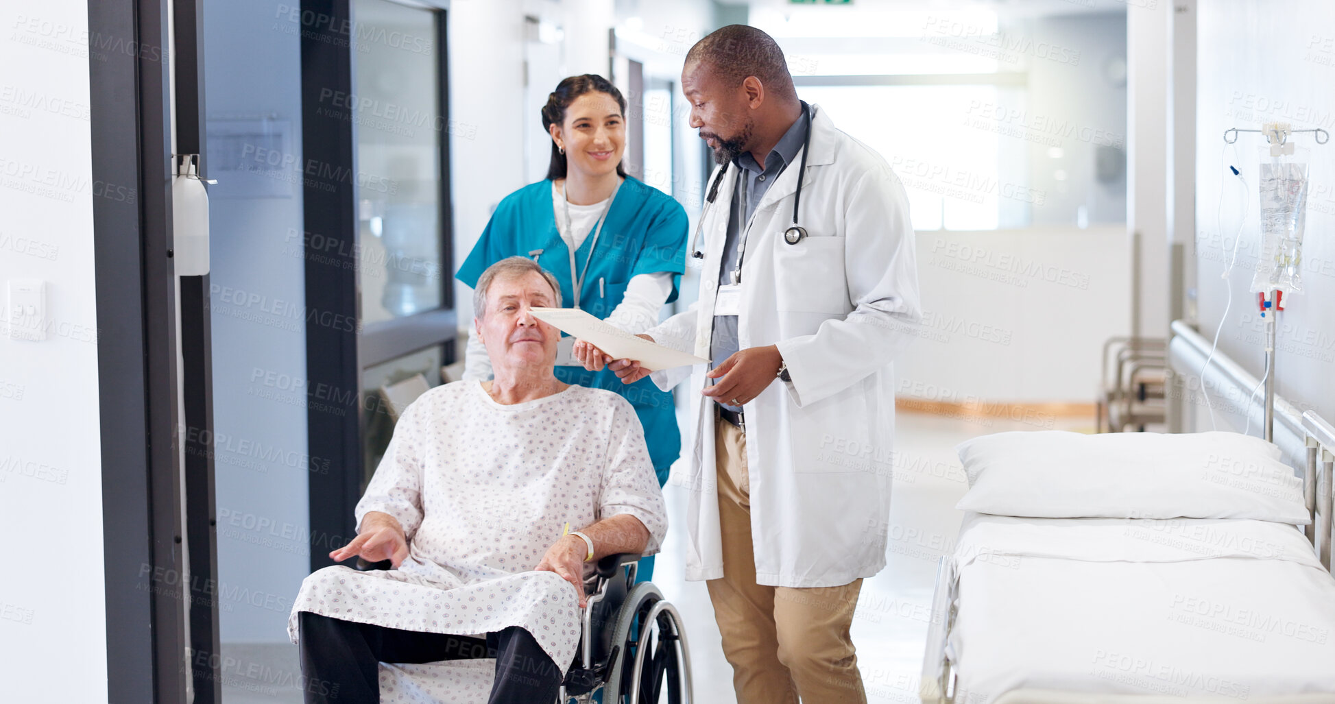 Buy stock photo Doctor, nurse and old man in wheelchair with documents for health insurance, recovery support and medical review. Clinic, healthcare and person with disability for rehabilitation and treatment advice