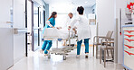 Running, hospital and doctors with stretcher in hallway for emergency, surgery and help for medical service. Healthcare, icu and people rush with bed for accident, operation or surgical treatment
