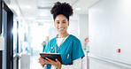 Portrait, woman or doctor on tablet for cardiology results, medical update or appointment booking online. Happy, research or cardiologist with touchscreen for report, hospital schedule or healthcare