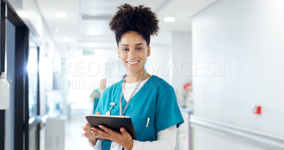 Buy stock photo Portrait, woman or doctor on tablet for cardiology results, medical update or appointment booking online. Happy, research or cardiologist with touchscreen for report, hospital schedule or healthcare