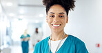 Happy, woman and portrait of nurse in hospital with confidence for healthcare career. Smile, pride and face of professional female medical worker in hallway for nursing job with help in clinic.