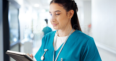 Buy stock photo Research, woman or doctor on tablet for cardiology results, medical update or appointment booking online. Check, wellness or cardiologist with touchscreen for report, hospital schedule or healthcare