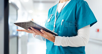 Buy stock photo Hands, woman or nurse on tablet in hospital for schedule, wellness research or healthcare checklist. Clinic, lobby or surgeon with touchscreen for online information, medical test results or report