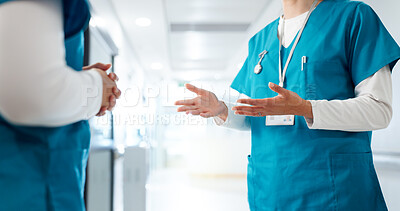 Buy stock photo Hospital, discussion and hands of nurses in hallway for consulting, patient results and meeting. Healthcare, collaboration and people talking for medical service, diagnosis advice and help in clinic