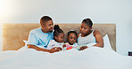 Parents, kids and reading book in bedroom for storytelling, language development and bonding. Black family, children and fantasy story for education, literacy learning and listening to novel at house