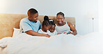 Black family, kids and reading book in bedroom for storytelling, language development and bonding. Parents, children and fantasy story for education, literacy learning and listening to novel at house