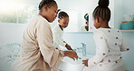 Bathroom, tap and black mother with girls, cleaning or morning routine with hygiene. African family, single parent or mama with daughters, faucet or learning with wellness, home or child development