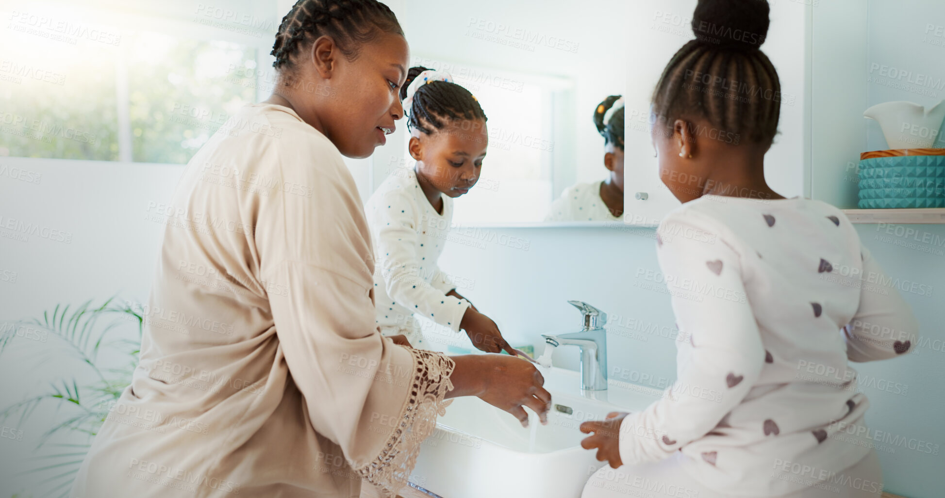 Buy stock photo Bathroom, tap and black mother with girls, cleaning or morning routine with hygiene. African family, single parent or mama with daughters, faucet or learning with wellness, home or child development