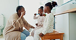 Home, brushing teeth and mother with girls, teaching and morning routine in bathroom. Black family, parent and mama with daughters, cleaning mouth and learning with hygiene, kids or child development