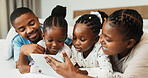 Happy black family, tablet and relax in bedroom in home, streaming movie or watch cartoon with parents. Mother, father and kids with digital technology for bonding, show or storytelling with ebook
