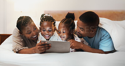 Buy stock photo Happy African family, tablet or relax in bedroom in home, streaming movie or watch cartoon with parents. Mother, father or children with digital technology for bonding, show or storytelling on ebook