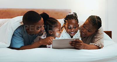 Buy stock photo Black family, tablet and parents with kids in bedroom, streaming movie or watch cartoon in home. Mother, father and children with digital technology for relax, smile or storytelling with ebook online