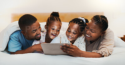 Buy stock photo Family, tablet and happy parents with kids in bedroom, streaming movie or watch cartoon in home. African mother, father and children with technology for relax, show or storytelling with ebook online