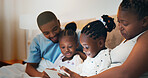 Black family, tablet and parents with children in bedroom in home, streaming movie or watch cartoon. Mother, father and kids on digital technology for bonding, relax or storytelling with ebook online