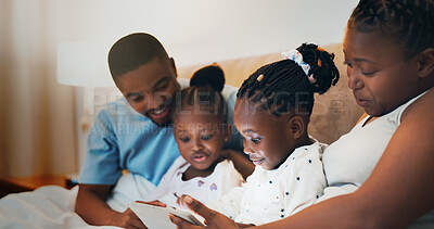 Buy stock photo Black family, tablet and parents with children in bedroom in home, streaming movie or watch cartoon. Mother, father and kids on digital technology for bonding, relax or storytelling with ebook online