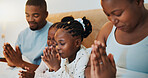 Worship, relax and prayer with black family in bed for trust, spiritual morning and bonding. Support, God and christian faith with parents and children at home for religion, gratitude and catholic