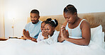 Worship, support and morning prayer with black family in bed for trust, spiritual and bonding. Love, God and christian faith with parents and children at home for religion, gratitude and catholic