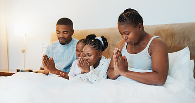 Buy stock photo Faith, prayer and peace with black family at home for trust, spiritual support and bonding. Love, God and hope with parents and children in bedroom for religion, gratitude and relax together