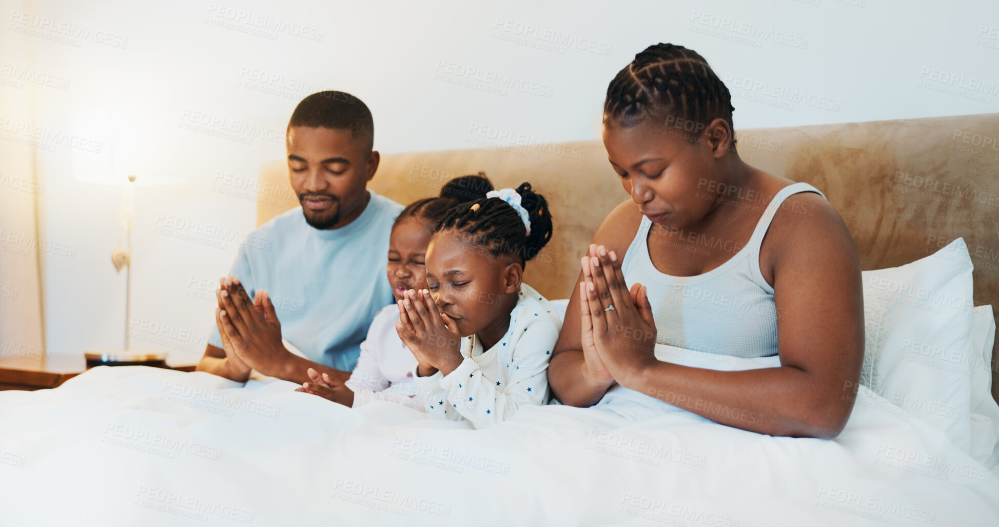 Buy stock photo Faith, prayer and peace with black family at home for trust, spiritual support and bonding. Love, God and hope with parents and children in bedroom for religion, gratitude and relax together