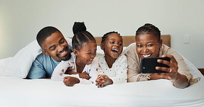 Buy stock photo Love, selfie and relax with black family in bedroom for photography, social media and post. Bonding, picture update and happiness with parents and children at home for memory, online and connection
