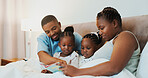 Relax, love and book with black family in bedroom for reading, bonding and learning. Bedtime storytelling, education and fantasy with parents and children at home for fairytale, happiness and care