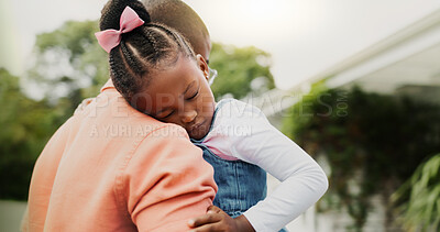 Buy stock photo Black family, carrying and father with child for sleeping, exhausted and bonding together with walking. Outdoor, dad and girl with fatigue for tired, resting and parent for childcare by house 