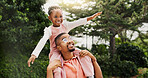 Outdoor, black family and father with child for carry, playful and bonding together with connection. Nature, dad and girl on shoulders for airplane game, childhood and having fun with parent in park