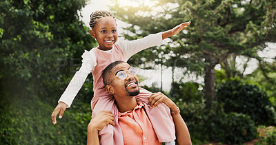 Buy stock photo Outdoor, black family and father with child for carry, playful and bonding together with connection. Nature, dad and girl on shoulders for airplane game, childhood and having fun with parent in park