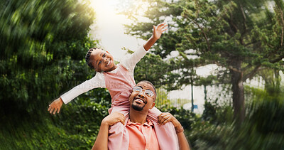 Buy stock photo Outdoor, black family and father with girl for carry, playful and bonding together with connection. Nature, dad and child on shoulders for airplane game, childhood and having fun with smile by blur
