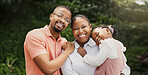 Outdoor, black family and child with hug in portrait, carrying and bonding together with smile. Father, mother and girl in nature for holiday, weekend fun and love with connection for happiness