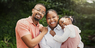 Buy stock photo Outdoor, black family and child with hug in portrait, carrying and bonding together with smile. Father, mother and girl in nature for holiday, weekend fun and love with connection for happiness