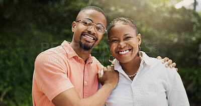 Buy stock photo Outdoor, black couple and portrait with hug for love, connection and bonding together in marriage. Nature, man and woman with happiness for commitment, affection and support in healthy relationship