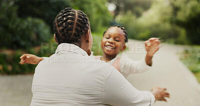 Buy stock photo African mother, child and hug outdoor for love, care and happiness together with family for connection. Parent, girl and embrace kid at park with mom for support, trust and reunion with daughter