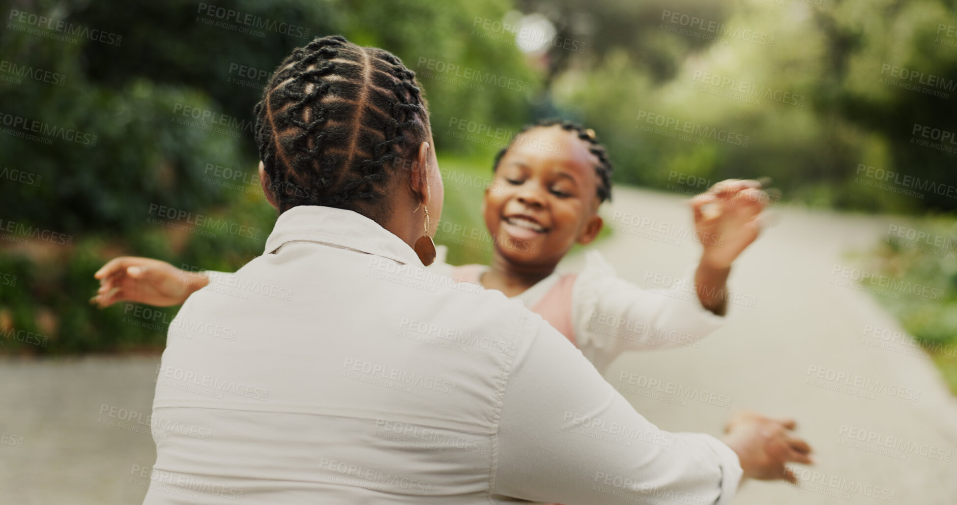 Buy stock photo African mother, child and hug outdoor for love, care and happiness together with family for connection. Parent, girl and embrace kid at park with mom for support, trust and reunion with daughter