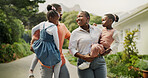 Outdoor, black family and parents with children for carrying, connection and bonding together by house. Hug, mom and dad with kids for conversation, walking and relationship on weekend in property