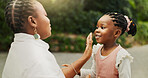Care,  bonding and black mother with daughter in park for support, trust and smile. Embrace, happiness and love with woman and girl on family trip outdoor for peace, comfort and affectionate