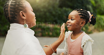 Buy stock photo Care, bonding and black mother with daughter in park for support, trust and smile. Embrace, happiness and love with woman and girl on family trip outdoor for peace, comfort and affection together