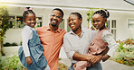 New home, black family and parents with children in portrait for property, mortgage and real estate. Dream house, mother and father with kids in neighborhood, bonding together and hug for relocation