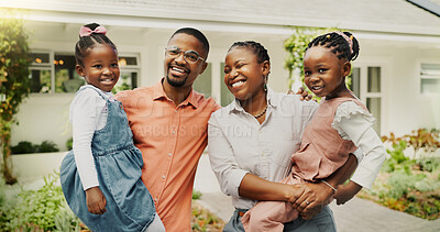 Buy stock photo New home, black family and parents with children in portrait for property, mortgage and real estate. Dream house, mother and father with kids in neighborhood, bonding together and hug for relocation