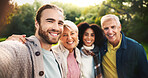 Couple, hug or senior parents in park for selfie or fun memory with love, interracial relationship or bonding. Happy people, mature mother or dad with family picture in nature on holiday vacation