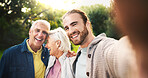 Selfie, park and senior parents with son for bonding, relationship and relax together. Portrait, happy family and elderly dad, mom and man embrace outdoors for love, affection and social media post