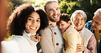 Selfie, park and parents with child and grandparents for bonding, relationship and relax together. Nature, happy family and mom, dad and kid embrace outdoors for love, affection and care on weekend