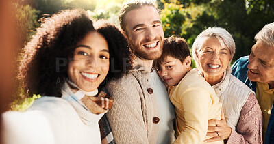 Buy stock photo Selfie, park and parents with child and grandparents for bonding, relationship and relax together. Nature, happy family and mom, dad and kid embrace outdoors for love, affection and care on weekend