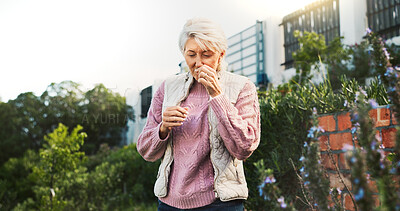 Buy stock photo Smell, nature and senior woman with flower for healing sinus in retirement, holiday and vacation. Nasal, outdoor and elderly person sniffing lavender aroma, scent or plant for benefits in Australia
