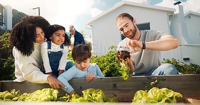 Buy stock photo Gardening, home and parents with children with soil for planting flowers, learning skills and landscaping. Family, nature and mom, dad and kids outdoors with plants for growth, hobby and relaxing