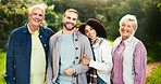Happy couple, hug or senior parents in park with love, interracial relationship or care in retirement. People, mature mother and father for bonding or family support in nature on holiday vacation