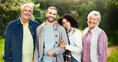 Buy stock photo Happy couple, hug or senior parents in park with love, interracial relationship or care in retirement. People, mature mother and father for bonding or family support in nature on holiday vacation